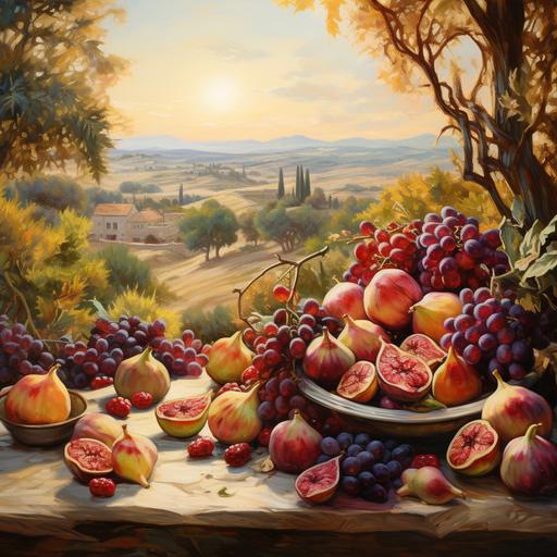 figs, pomegranates, olives, apples, Fruits, oil painting, high-purity tones, finely depicted, dreamy background, Van Gogh, Israel in the background in bright light with olive trees --v 5.2
