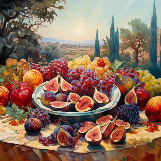 figs, pomegranates, olives, apples, Fruits, oil painting, high-purity tones, finely depicted, dreamy background, Van Gogh --v 5.2