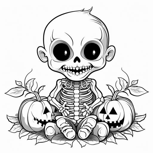 figurate , baby skeleton halloween , for kids coloring book, thick lines, black and white, no shading