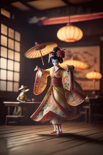 wooden figurine: wooden toy: geisha dancing: geisha dancing with umbrella: geisha on stage: tea house background: high quality: many details: photography: --ar 2:3 --chaos 60