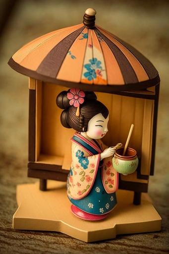 wooden figurine: wooden toy: geisha dancing: geisha dancing with umbrella: geisha on stage: tea house background: high quality: many details: photography: --ar 2:3 --chaos 60
