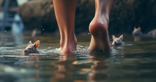 , filipino male feet walking under dirty water with rats swimming on it, cinematic, hyper realistic --ar 19:10
