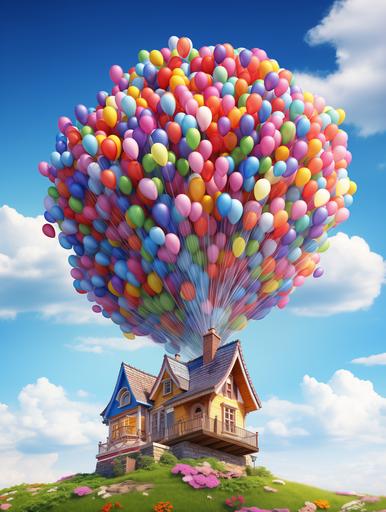 film UP, lots of colourful balloons, balloons lifting house into the air, blue sky and while clouds, 3D effects, ultra-high precision, OC rendering, blender 8K , and --ar 3:4