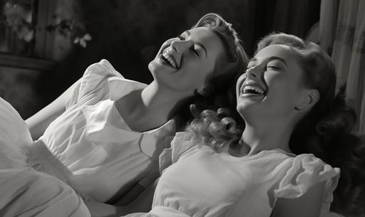 film frame, live action, black and white, 1962: Three university girls waking up together in a shared bed, laughing. Sunny morning. Quaint country inn. Small, pleasant rom. --ar 5:3