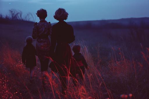film still from an 80s si fi movie , a mother and three children walking down a field at night , 80s vogue, high fashion , moody lighting ,35mm, photo realistic, Steven Klein , 35mm, photo realistic, Steven Klein, Prada, magnum photos, realistic photo of 1990s , in the style of fujifilm provia, jan ditlev, konica big mini, 3840×2160, chaos, 35mm, Fuji film, symbol --ar 3:2 --style raw --v 6.0