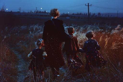 film still from an 80s si fi movie , a mother and three children walking down a field at night , 80s vogue, high fashion , moody lighting ,35mm, photo realistic, Steven Klein , 35mm, photo realistic, Steven Klein, Prada, magnum photos, realistic photo of 1990s , in the style of fujifilm provia, jan ditlev, konica big mini, 3840×2160, chaos, 35mm, Fuji film, symbol --ar 3:2 --style raw --v 6.0