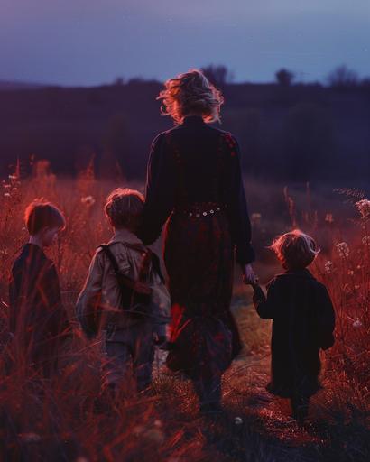 film still from an 80s si fi movie , a mother and three children walking down a field at night , 80s vogue, high fashion , moody lighting ,35mm, photo realistic, Steven Klein , 35mm, photo realistic, Steven Klein, Prada, magnum photos, realistic photo of 1990s , in the style of fujifilm provia, jan ditlev, konica big mini, 3840×2160, chaos, 35mm, Fuji film, symbol --ar 4:5 --style raw --v 6.0