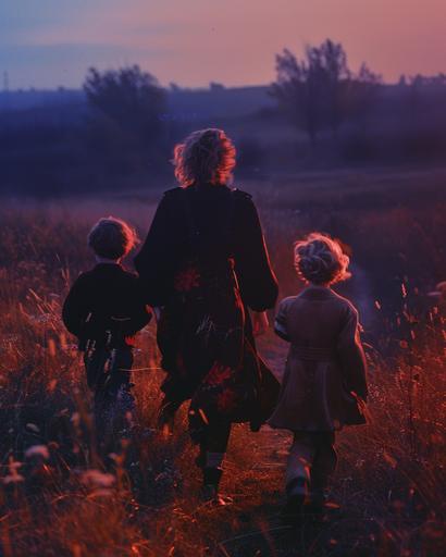 film still from an 80s si fi movie , a mother and three children walking down a field at night , 80s vogue, high fashion , moody lighting ,35mm, photo realistic, Steven Klein , 35mm, photo realistic, Steven Klein, Prada, magnum photos, realistic photo of 1990s , in the style of fujifilm provia, jan ditlev, konica big mini, 3840×2160, chaos, 35mm, Fuji film, symbol --ar 4:5 --style raw --v 6.0