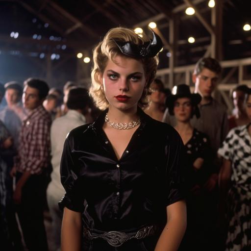 film still of Ingrid Bergman in a group of beauitful 90s goth band members in the middle of a barn, film still from American Graffiti, it's a party, empty space, beautiful photo --s 250 --q 2 --v 5.1