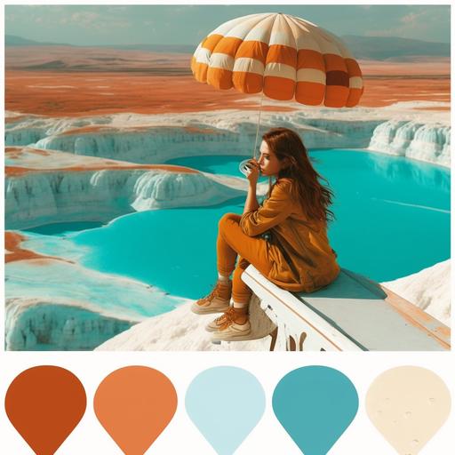 film still, wes anderson directed, girl in a hot air balloon over pamukkale turkey, burnt orange, blue and patina color palette