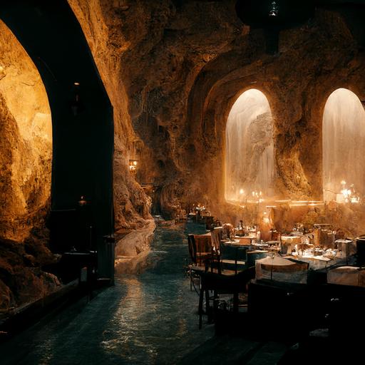 fine dining restaurant inside a cave with waterfall, sunlight through cave, baroque style interior   batman cave, light of amber lanten  cinematic 4k, octane rendering   by Moevius and Alphonse moucha