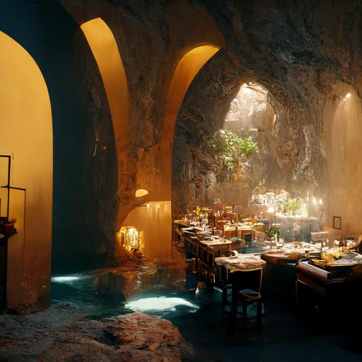 fine dining restaurant inside a cave with waterfall, sunlight through cave, baroque style interior   batman cave, light of amber lanten  cinematic 4k, octane rendering   by Moevius and Alphonse moucha