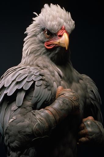 fine feathered friend, ripped, muscular, buff, metaphorical chicken, seven herbs and spices, finger lickin' good, bodybuilder bulging muscles::1 veggies::-0.2 --ar 2:3 --v 5.2 --style raw --s 178