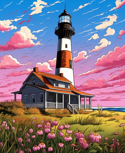fire island lighthouse, high detail,cartoon style bright pastel coloring book , high detail ,no shading --ar 9:11
