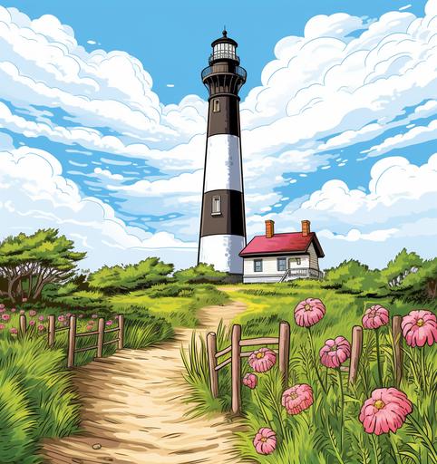 fire island lighthouse, high detail,cartoon style bright pastel coloring book , high detail ,no shading --ar 90:95