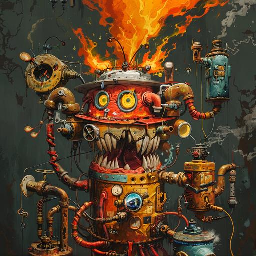 fire monster with electric hat and Gas tanks with open valves and mini gas tanks and old stoves, broken water heaters and ashtray hand; tran dac trung illustration, hot color only