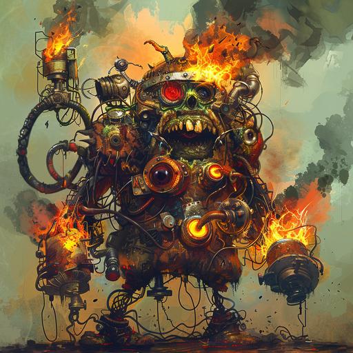 fire monster with electric hat and Gas tanks with open valves and mini gas tanks and old stoves, broken water heaters and ashtray hand; tran dac trung illustration, fierceful and scary, hot color only
