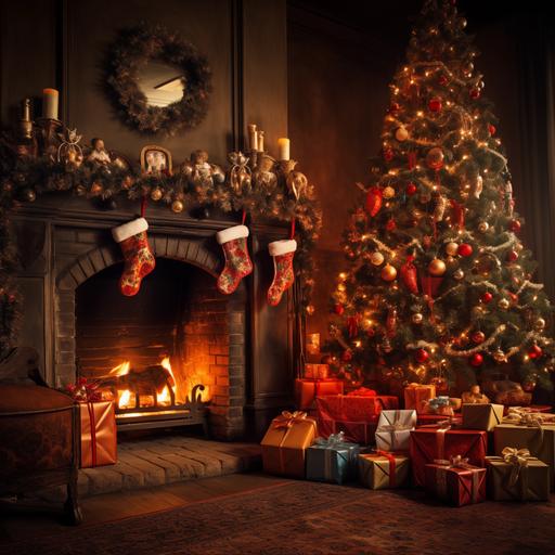 fireplace,christmas tree, gifts under the christmas tree, Christmas