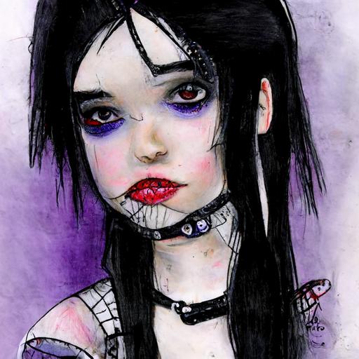 emo teen girl, long black hair, purple streaked black hair, black hair with red tips, icy blue limpid tear eyes with eyeliner, red eye shadow, black lips, amy lee, pale skinned woman, wearing black corset with lace, pink fishnet legs, black combat boots, character design