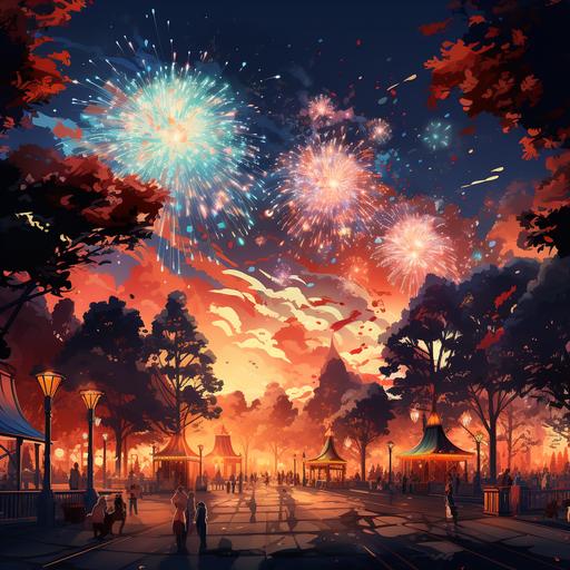 firework, celebrating New Year's Day, near a park, cartoon style, cinema light, hyper detailed --version 5.2 --aspect 1:1 --stylize 250 --chaos 0
