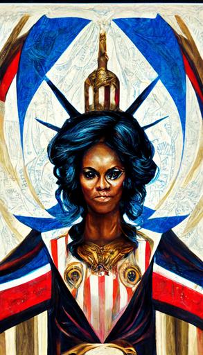 first lady michelle obama   symmetrical   lady liberty   symmetry   american flags   bright white jewelry   the white house   detailed ink illustrations   symbols of democracy   symbols of power   bald eagles   the constitution   tarot card with ornate border frame   dark atmosphere   black and blue tones   by Peter Mohrbacher   golden seal of the president   female   --ar 9:16