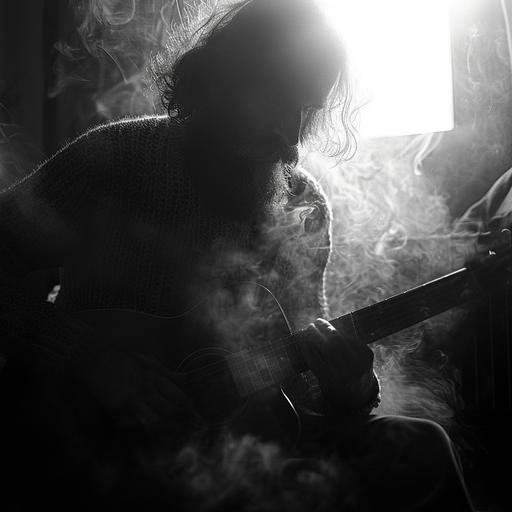 first-person gopro view of a bearded folk singer in a woolly jumper playing the guitar in a duel against the devil with a cursed guitar from a garage sale, smoke and lightning, black and white, dramatic shadows, 70s aesthetics --v 6.0