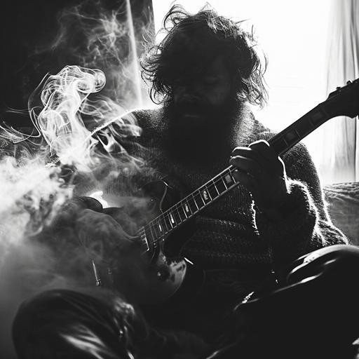 first-person gopro view of a bearded folk singer in a woolly jumper playing the guitar in a duel against the devil with a cursed guitar from a garage sale, smoke and lightning, black and white, dramatic shadows, 70s aesthetics --v 6.0