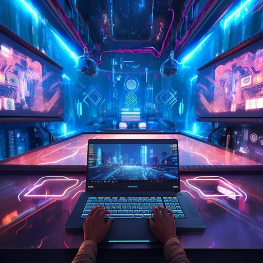 first person view of hands on a laptop in a futuristic room full of laptops, first person view, point of view, cyberpunk, concept art style