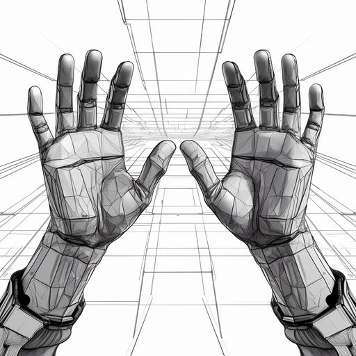 first person view, vr hands, no background, black and white, line art, no shading, back