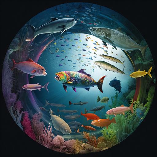 fish, crab, red shrimp, small shark, swim in circle type, the spotlight in the middle, the rainbow