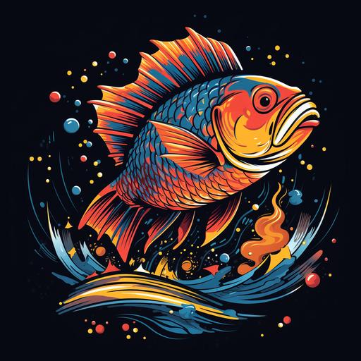 fish lighting off fireworks, cartoon style logo style for tshirt