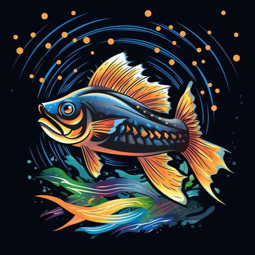 fish lighting off fireworks, cartoon style logo style for tshirt