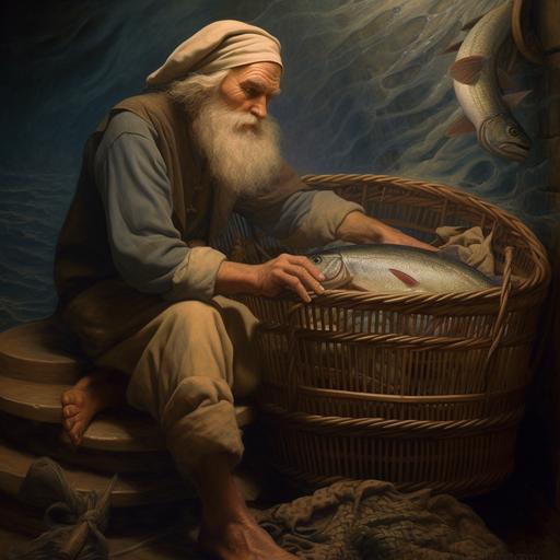 fisherman checking fish in basket