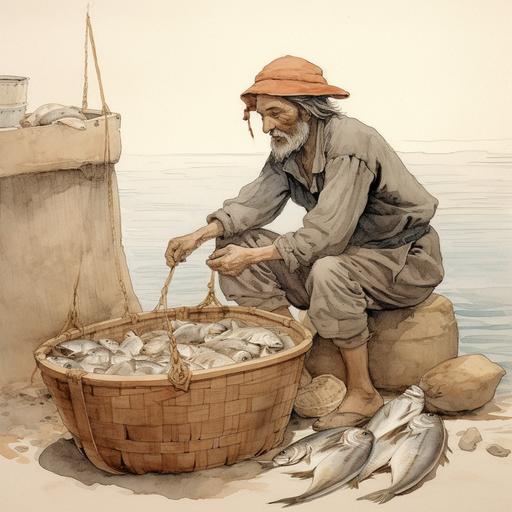 fisherman checking fish in basket