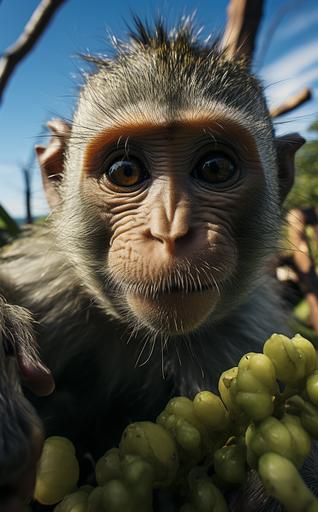 fisheye lens selfie of cute monkey with banana sitting in the jungle --ar 13:21 --q 0.5 --s 750