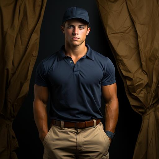 fit caucasian male wearing blue khakis, blue polo, a baseball hat, with hands in pockets, hyper realistic --no white --s 750 --style raw