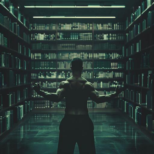 fit guy in a library, mobility, fitness, stretching, strenght, mindset, innovation, realistic, dark green, black, out of the box, movement v6.0