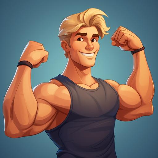 fit latin troubadour guy cartoon character that loves going to the gym and has big muscle. He is always in a good mood and is pro active. His hair is blond and looks high class