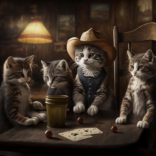 five cute kittens::1 playing poker:: 1 dressed as cowboys:: 1 in a western saloon::2 Disney 3D animation cute