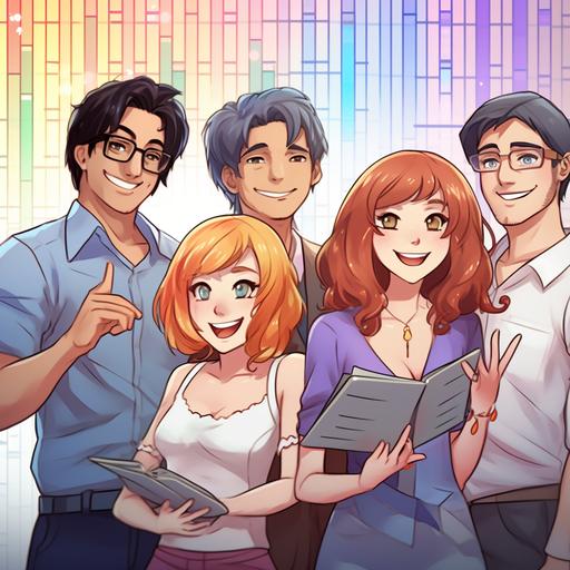 five happy data scientist with a chart, anime style, whimsical mood.