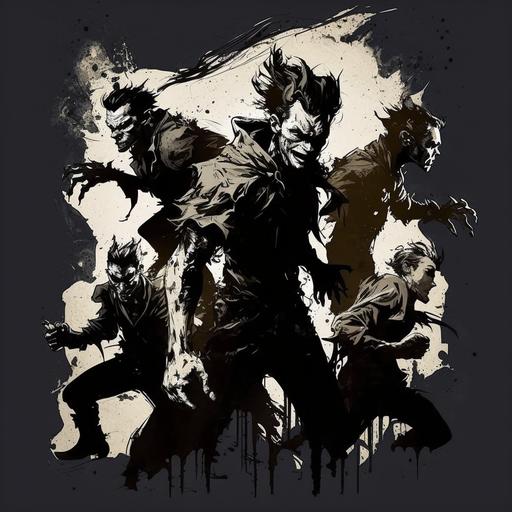 five hungry vampires approaching out the dark. fangs. action pose. in the style of yoji shinkawa