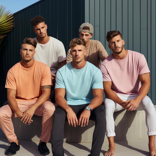 five male model seating in front of pool wearing plain solid half sleeve t-shirt different types of colours