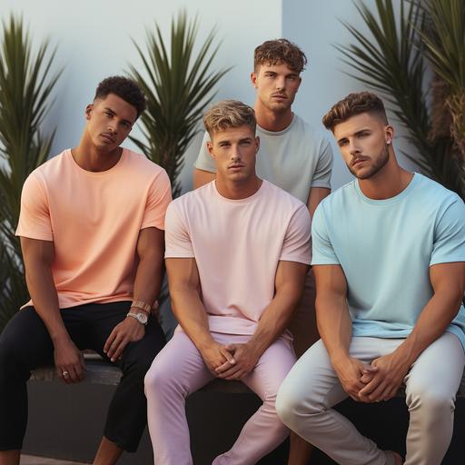 five male model seating in front of pool wearing plain solid half sleeve t-shirt different types of colours