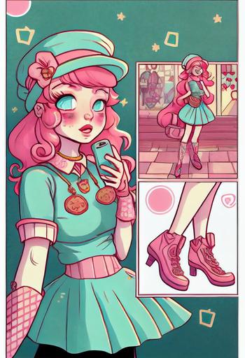 five panel storyboard of a luscious adorable pink-haired french girl, turquoise tea dress and beret, jewelpunk pearlcore aesthetic, pink shoes, magenta shadows, art by skottie young and art by loish and lois van baarle, cute anime style, detailed::1.5 signature, text, words::-0.5 --ar 2:3 --q 0.5 --stop 98 --v 4 --upbeta