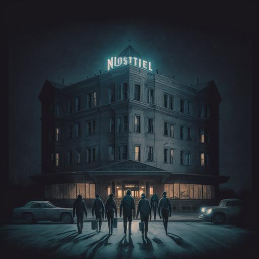 five people walking towards a creepy hotel with a no vacancy sign at night with a ghostly figure creeping up behind them