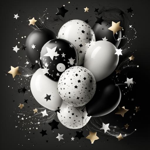 five star. A festive and celebratory image with balloons, confetti, and streamers in the background. white and black