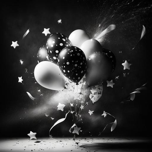 five star. A festive image featuring balloons, confetti, and streamers in the background. Black and white