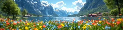 fjords, spring, flowers, hope, colorful, particals, --chaos 20 --ar 4:1 --stylize 1000 --v 6.0