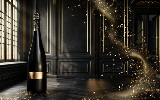 an ad for a bottle of expensive wine. luxury aesthetic. black and gold. bottle on the left sife of the frame. hyper realistic photograph. --ar 8:5 --v 6.0