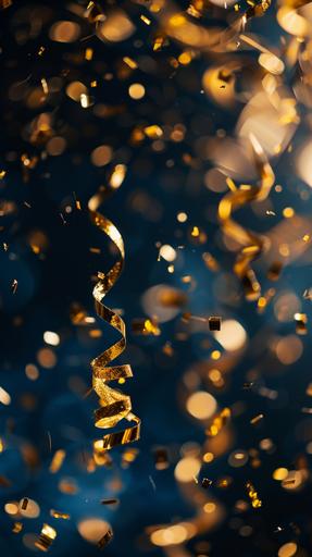 gold silver confetti ribbons with a dark blue background with a vignette. stock photography. keep the center of the image free of objects. --ar 9:16 --v 6.0